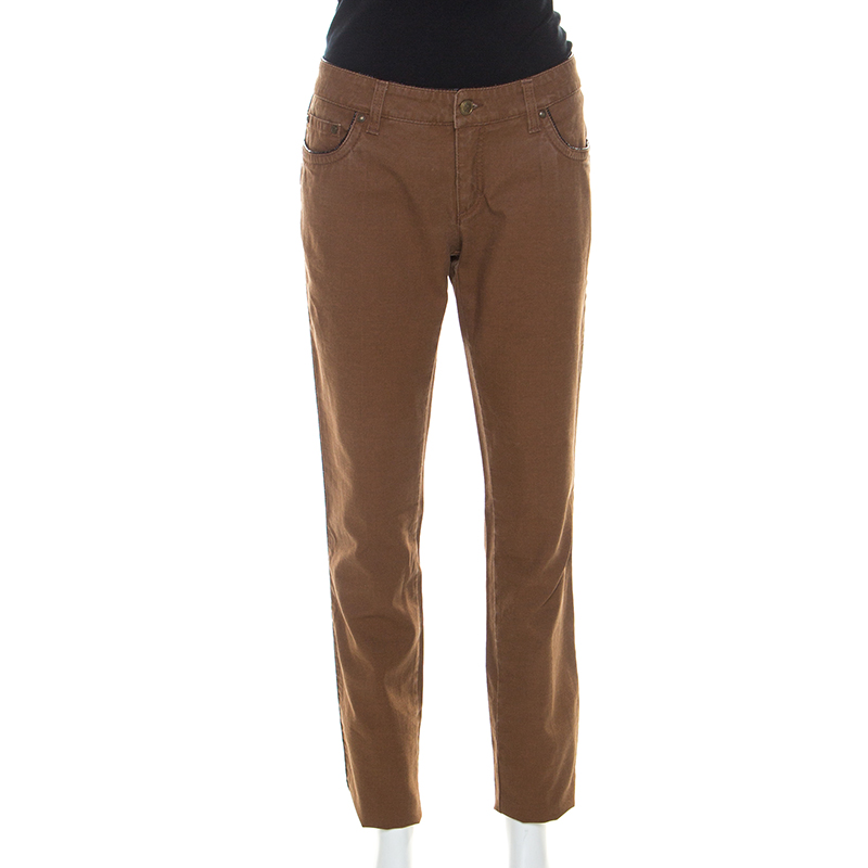 Roberto Cavalli Brown Stretch Cotton Leather Piping Detail Jeans M Roberto Cavalli Brown Stretch Cotton Leather Piping Detail Jeans M