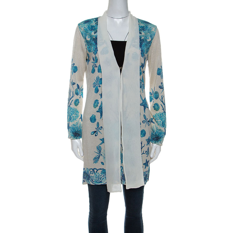 Roberto Cavalli Off-White Underwater Print Wool Blend Cardigan M Roberto Cavalli Off-White Underwater Print Wool Blend Cardigan M