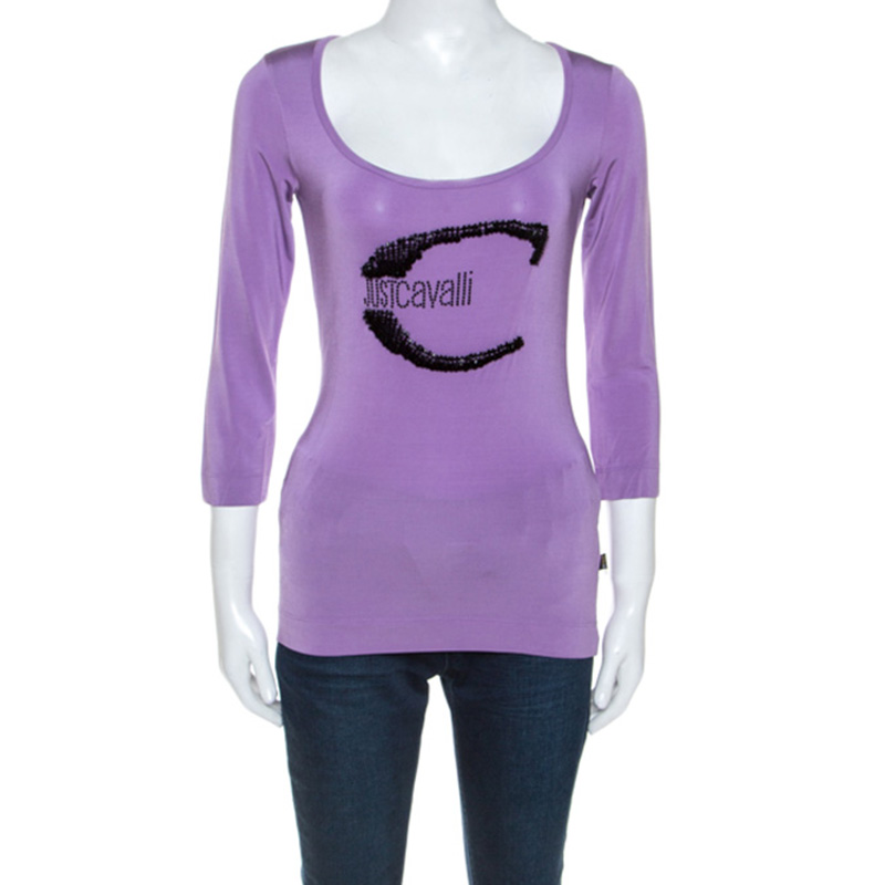 Roberto Cavalli Lilac Jersey Embellished Logo Scoop Neck Top S Roberto Cavalli Lilac Jersey Embellished Logo Scoop Neck Top S