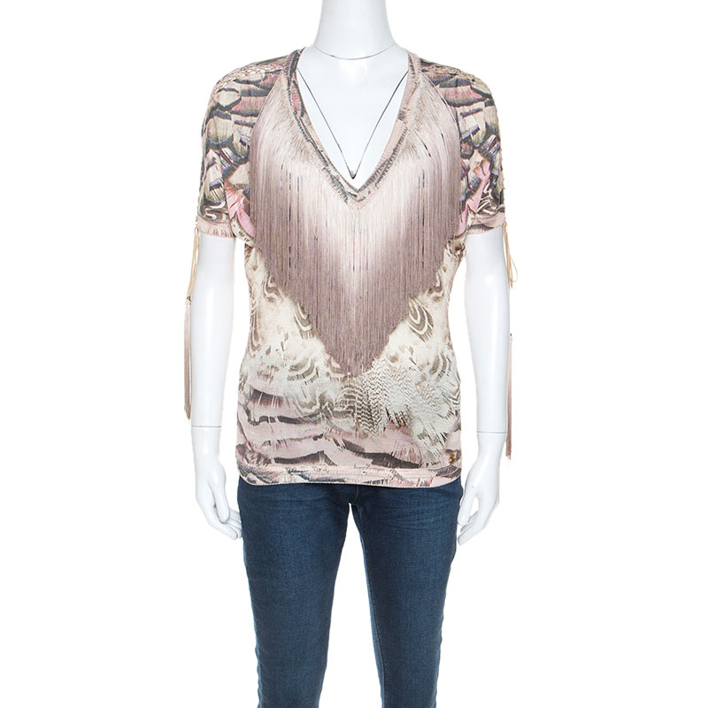 Roberto Cavalli Multicolor Printed Fringed Neckline V-Neck Top S Roberto Cavalli Multicolor Printed Fringed Neckline V-Neck Top S