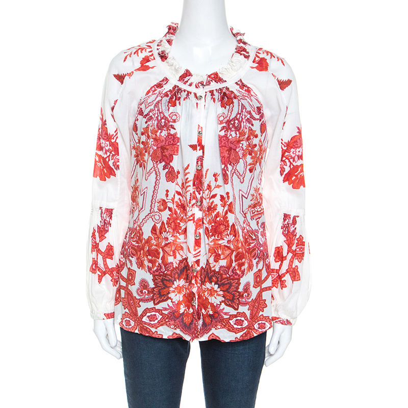 Roberto Cavalli Off White Floral Printed Ruched Detail Shirt S Roberto Cavalli Off White Floral Printed Ruched Detail Shirt S