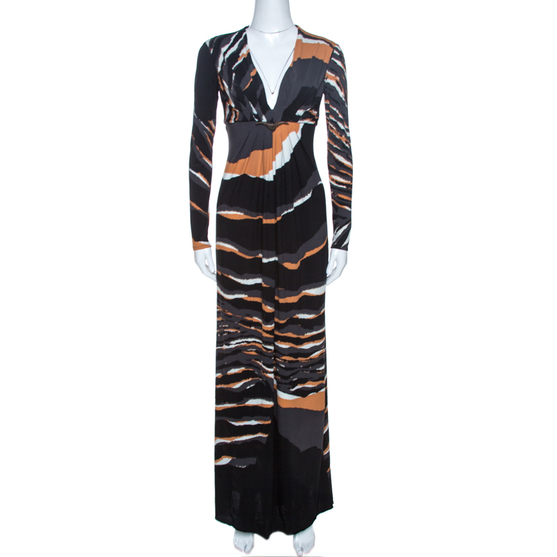 Roberto Cavalli Multicolor Stretch Jersey Draped V Neck Maxi Dress S Roberto Cavalli Multicolor Stretch Jersey Draped V Neck Maxi Dress S