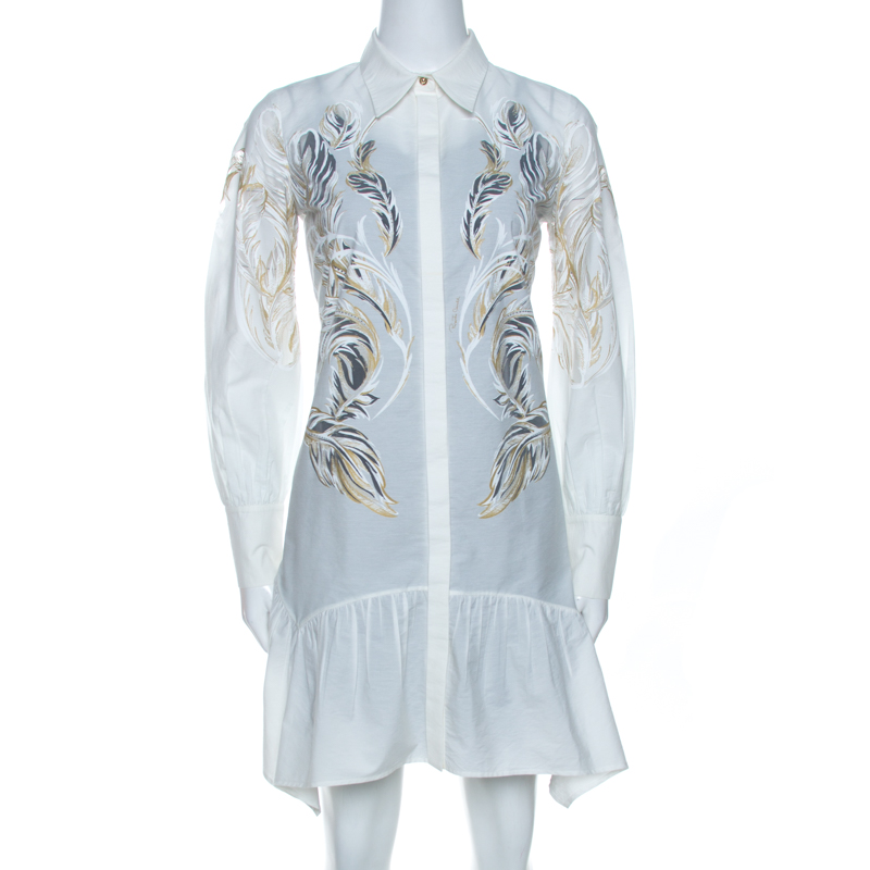 Roberto Cavalli White Brasso Feather Print Cotton Shirt Dress S Roberto Cavalli White Brasso Feather Print Cotton Shirt Dress S