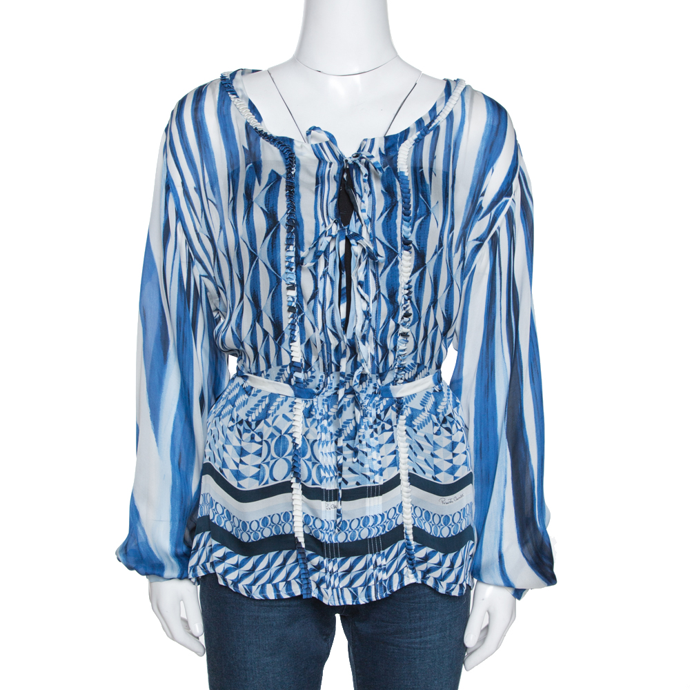 Roberto Cavalli Blue and White Deco Print Silk Tie Up Blouse M Roberto Cavalli Blue and White Deco Print Silk Tie Up Blouse M
