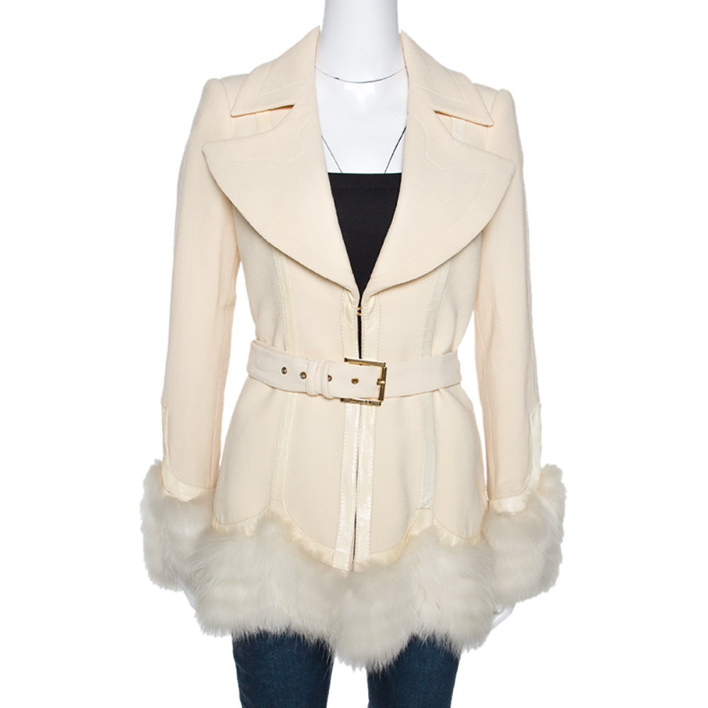 Roberto Cavalli Cream Wool Fox Fur Trim Belted Jacket M Roberto Cavalli Cream Wool Fox Fur Trim Belted Jacket M