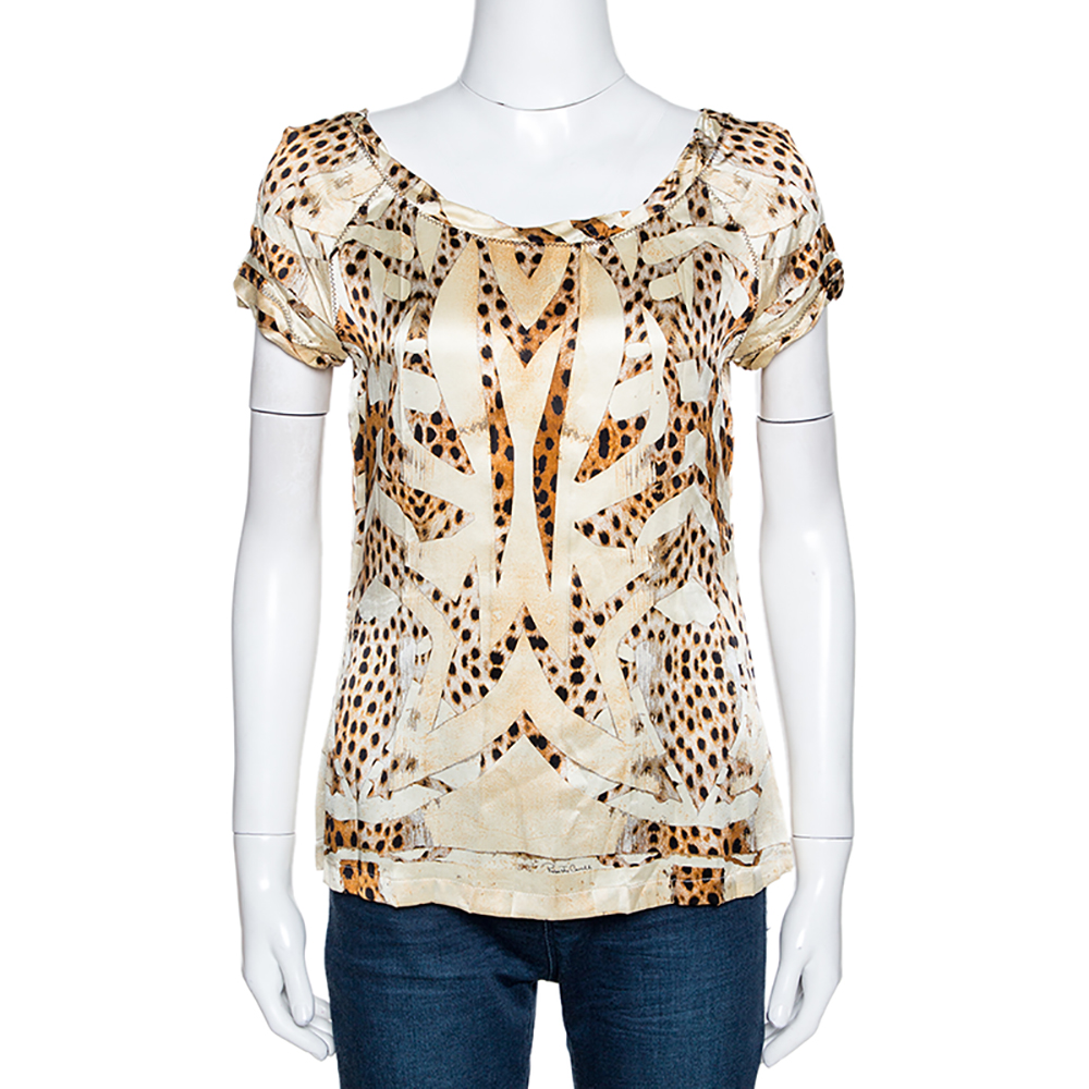 Roberto Cavalli Cream and Beige Silk Leopard Print Short Sleeve Top S Roberto Cavalli Cream and Beige Silk Leopard Print Short Sleeve Top S
