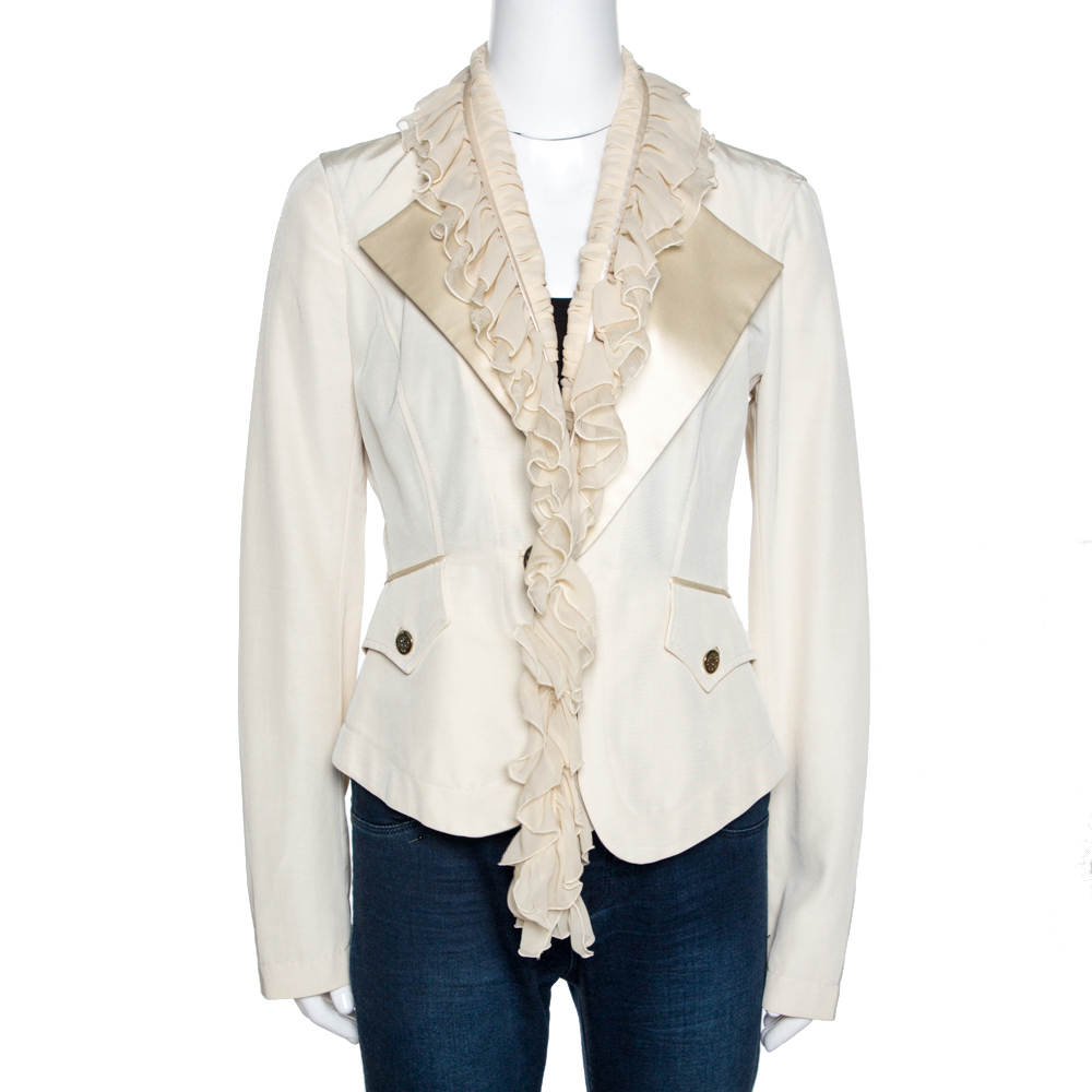 Roberto Cavalli Cream Cotton Blend Ruffle Detail Jacket M Roberto Cavalli Cream Cotton Blend Ruffle Detail Jacket M
