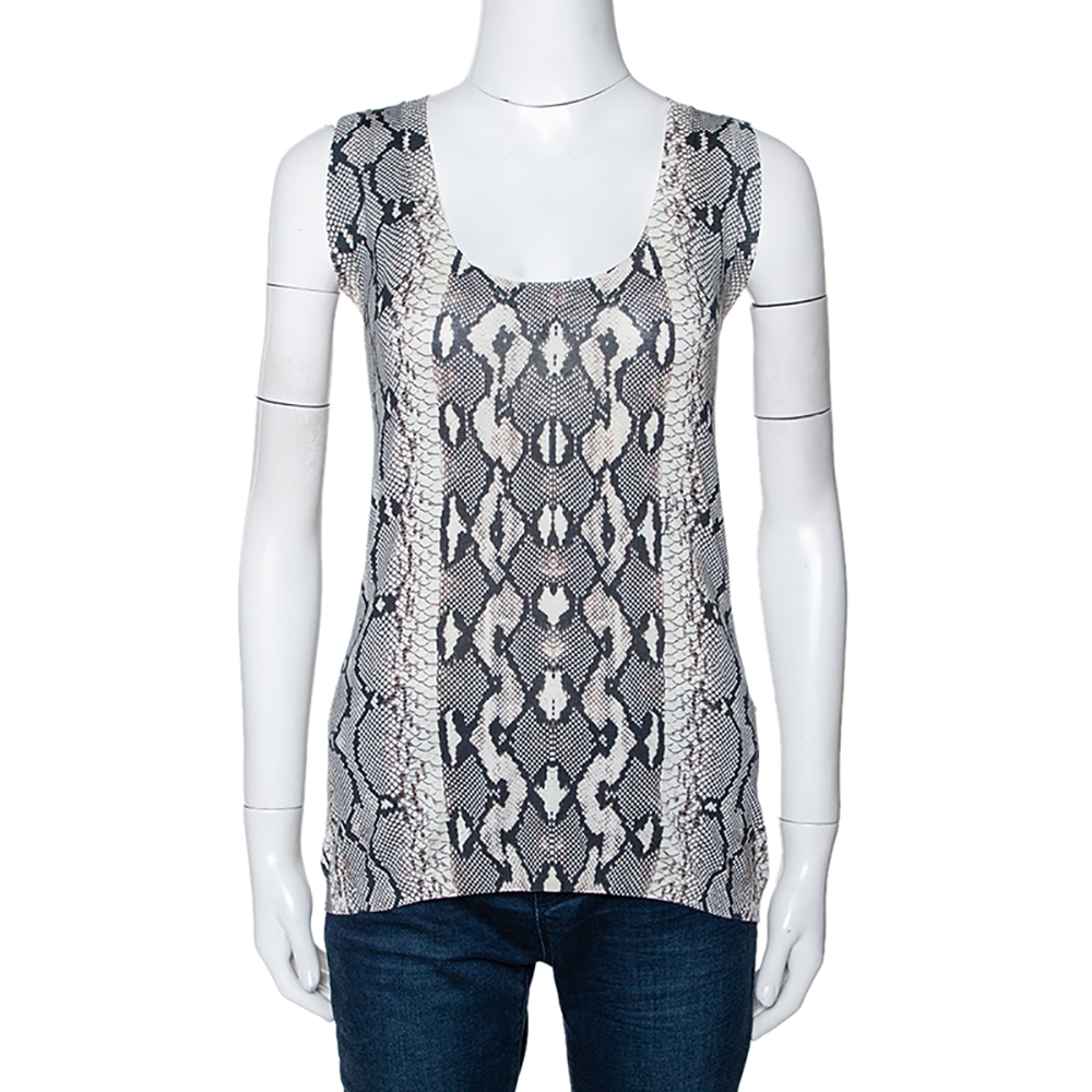 Roberto Cavalli Grey Snake Printed Knit Scoop Neck Top M Roberto Cavalli Grey Snake Printed Knit Scoop Neck Top M