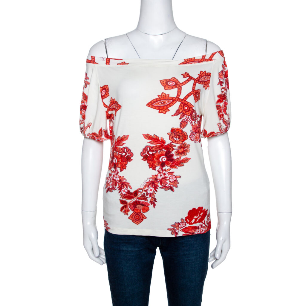 Roberto Cavalli White and Red Floral Print Off Shoulder Top L Roberto Cavalli White and Red Floral Print Off Shoulder Top L
