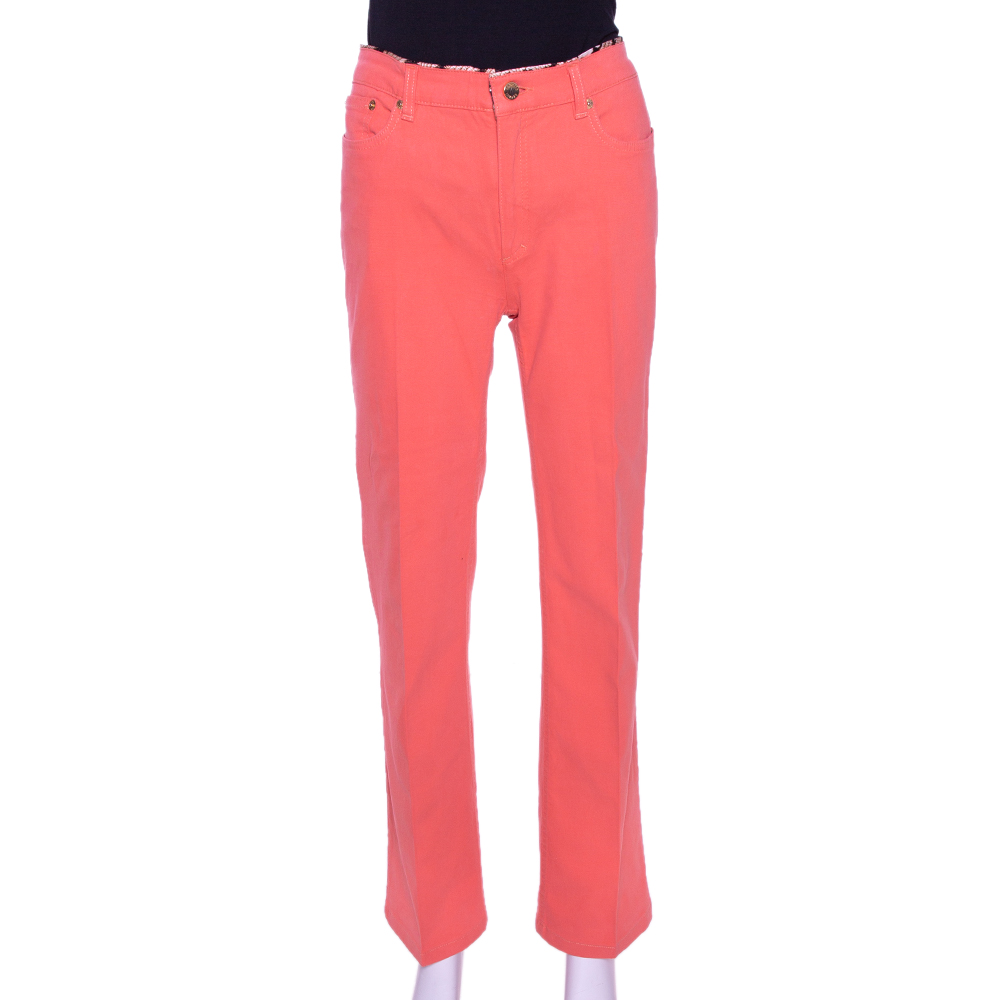 Roberto Cavalli Coral Pink Cotton Logo Plaque Detail Jeans L Roberto Cavalli Coral Pink Cotton Logo Plaque Detail Jeans L