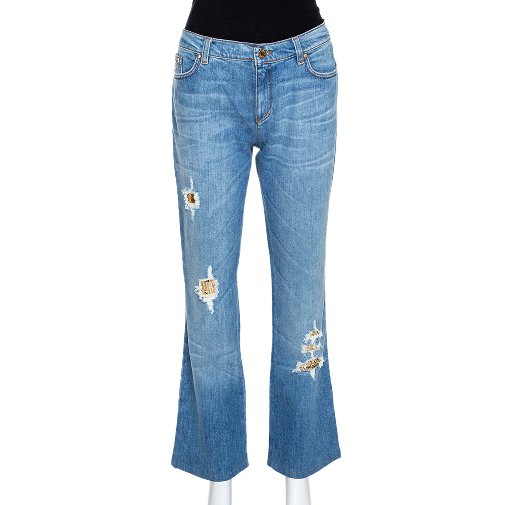 Roberto Cavalli Blue Distressed Denim Embellished Patch Jeans M Roberto Cavalli Blue Distressed Denim Embellished Patch Jeans M