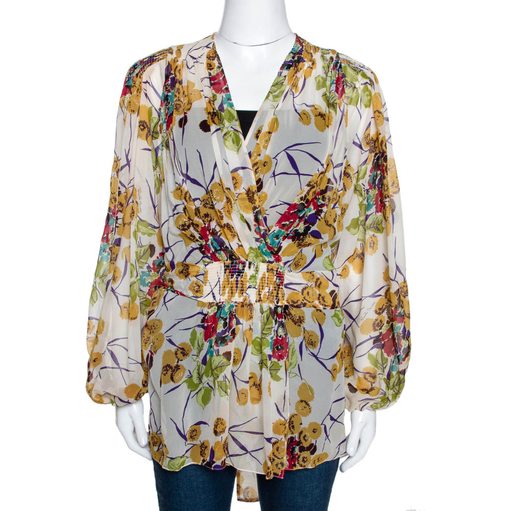 Roberto Cavalli Multicolor Silk Georgette Floral Print Faux Wrap Blouse M Roberto Cavalli Multicolor Silk Georgette Floral Print Faux Wrap Blouse M