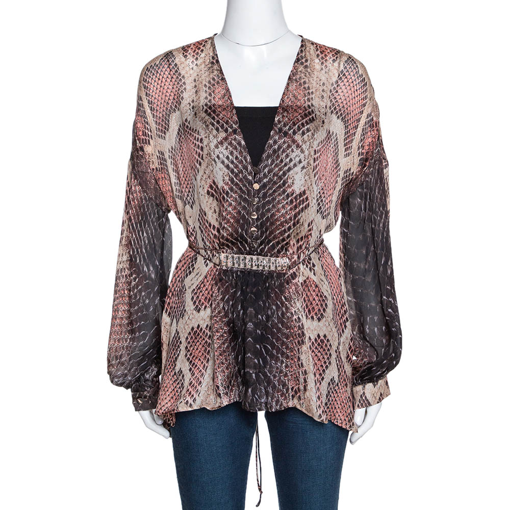 Roberto Cavalli Multicolor Animal Print Silk Embellished Sheer Blouse S Roberto Cavalli Multicolor Animal Print Silk Embellished Sheer Blouse S