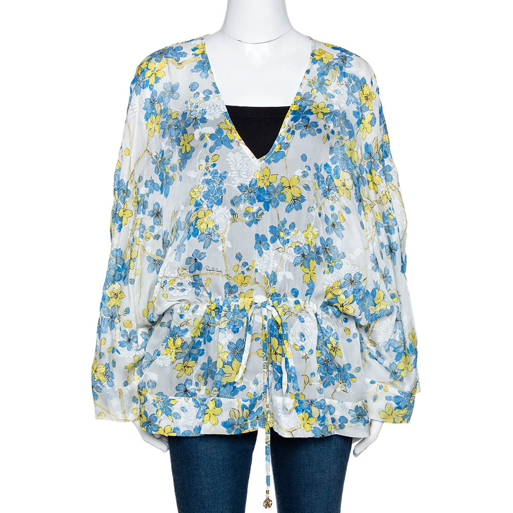 Roberto Cavalli Blue & White Floral Print Silk Sheer Kaftan Top M Roberto Cavalli Blue & White Floral Print Silk Sheer Kaftan Top M