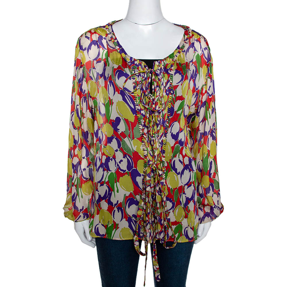 Roberto Cavalli Multicolor Tulip Print Silk Sheer Blouse M Roberto Cavalli Multicolor Tulip Print Silk Sheer Blouse M