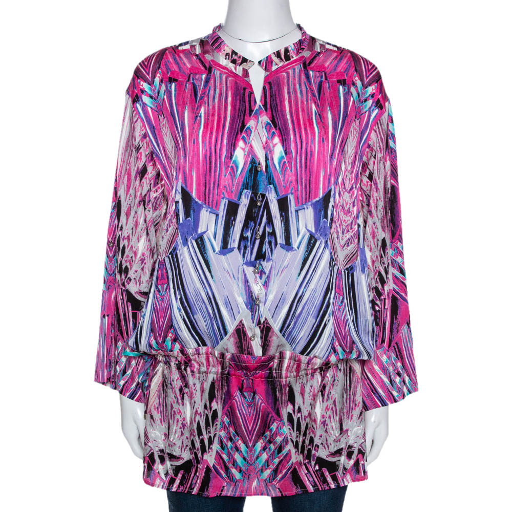 Robert Cavalli Pink Printed Stretch Silk Tunic Top M Robert Cavalli Pink Printed Stretch Silk Tunic Top M