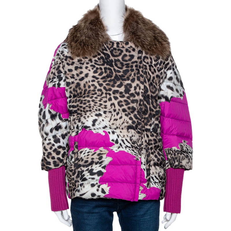 Roberto Cavalli Beige Animal Print Quilted Fur Lined Jacket M Roberto Cavalli Beige Animal Print Quilted Fur Lined Jacket M