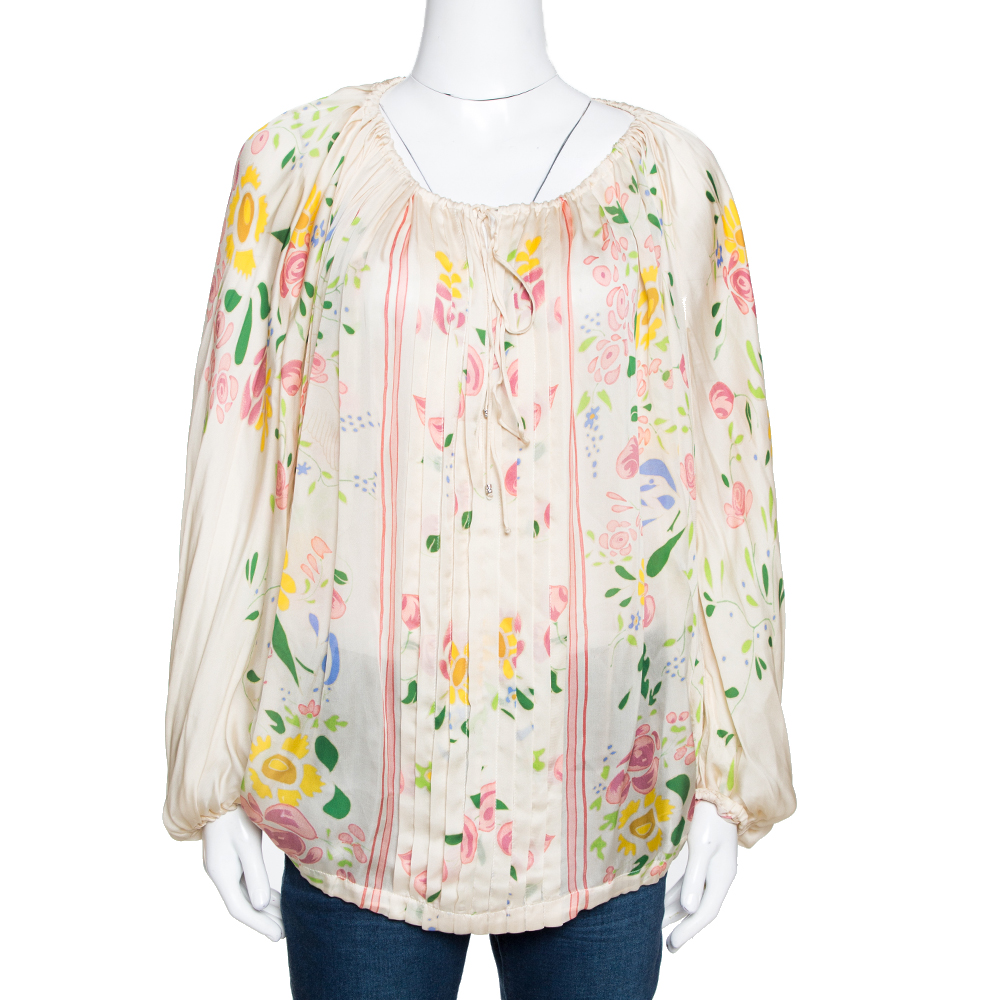 Roberto Cavalli Cream Floral Print Silk Sheer Kaftan Top M Roberto Cavalli Cream Floral Print Silk Sheer Kaftan Top M
