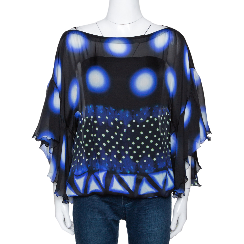 Roberto Cavalli Blue & Black Printed Silk Sheer Blouse S Roberto Cavalli Blue & Black Printed Silk Sheer Blouse S