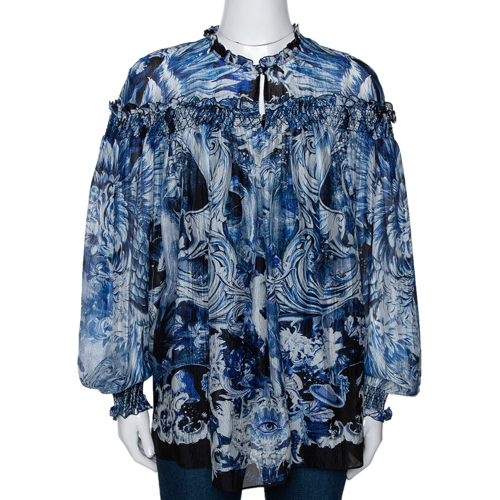 Roberto Cavalli Blue Printed Silk Ruffled Blouse S Roberto Cavalli Blue Printed Silk Ruffled Blouse S