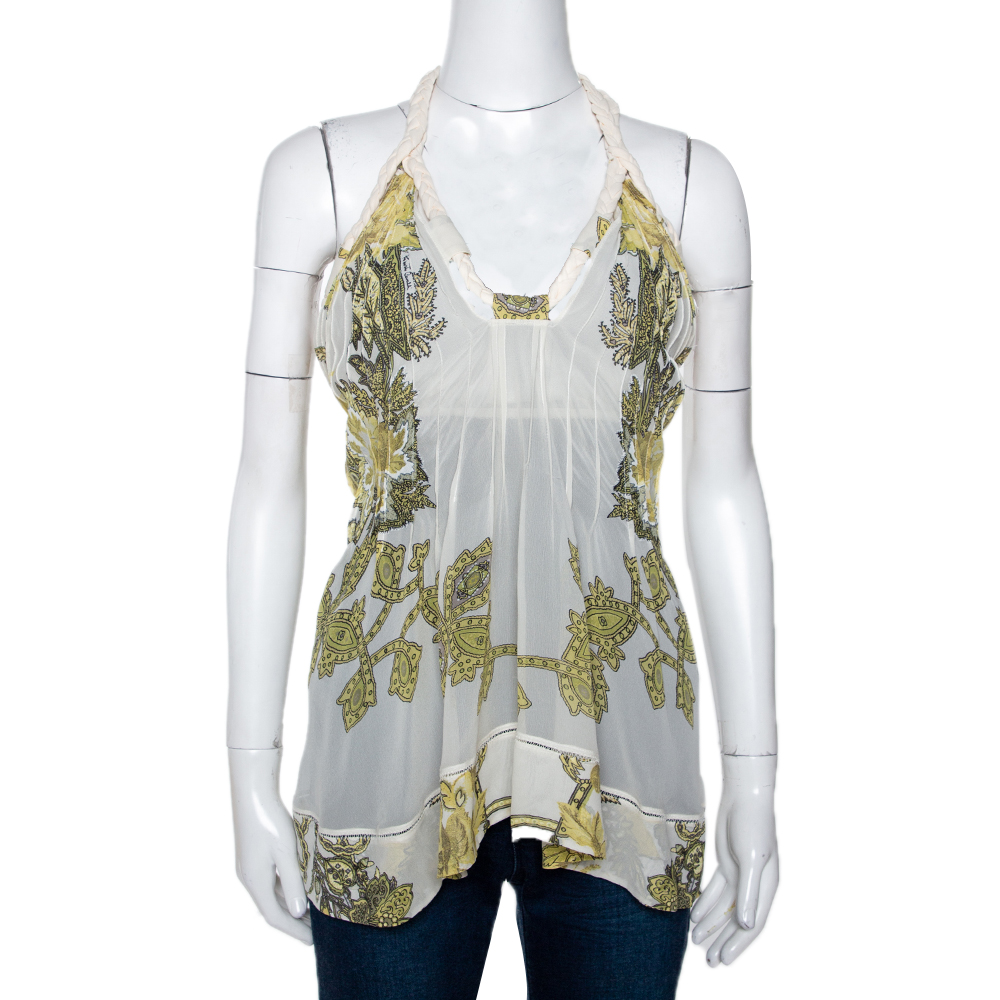Roberto Cavalli Cream Printed Silk Sheer Halter Top S Roberto Cavalli Cream Printed Silk Sheer Halter Top S