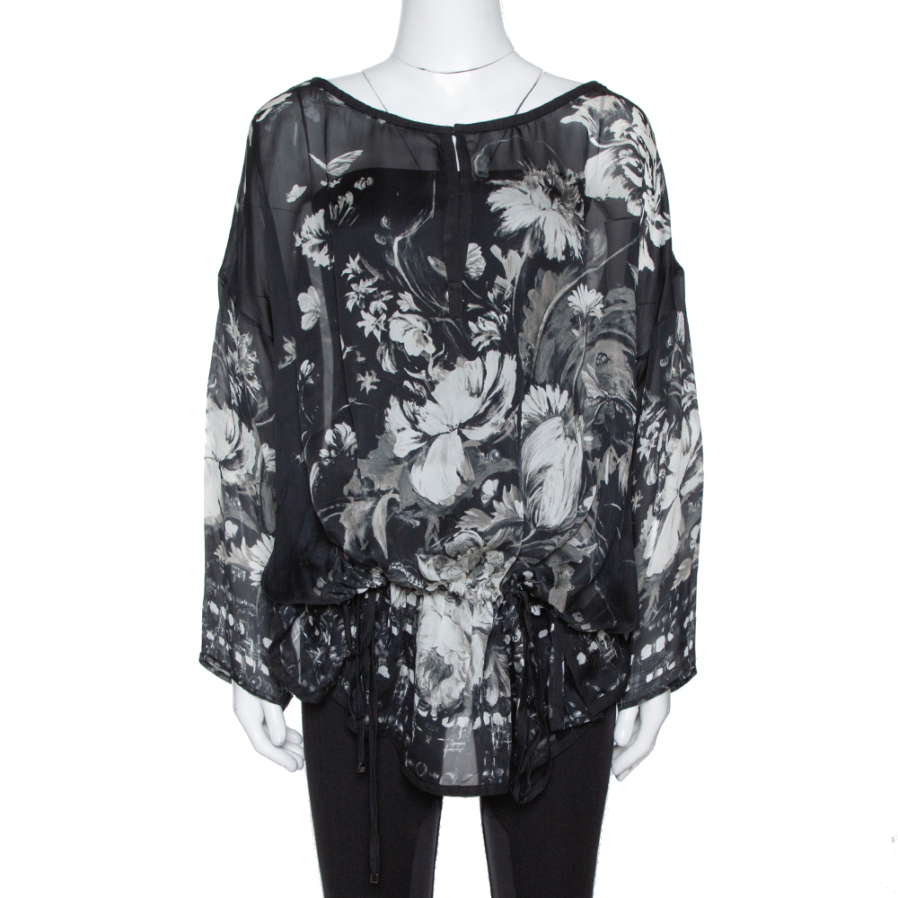 Roberto Cavalli Black Floral Print Silk Sheer Kaftan Blouse S Roberto Cavalli Black Floral Print Silk Sheer Kaftan Blouse S