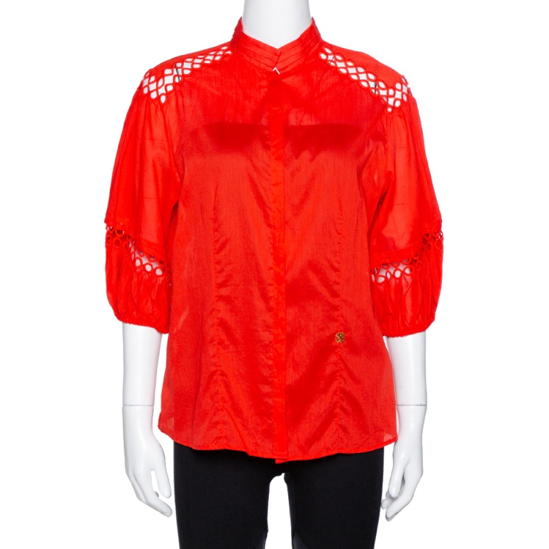 Roberto Cavalli Red Cotton Eyelet Lace Detail Blouse M Roberto Cavalli Red Cotton Eyelet Lace Detail Blouse M