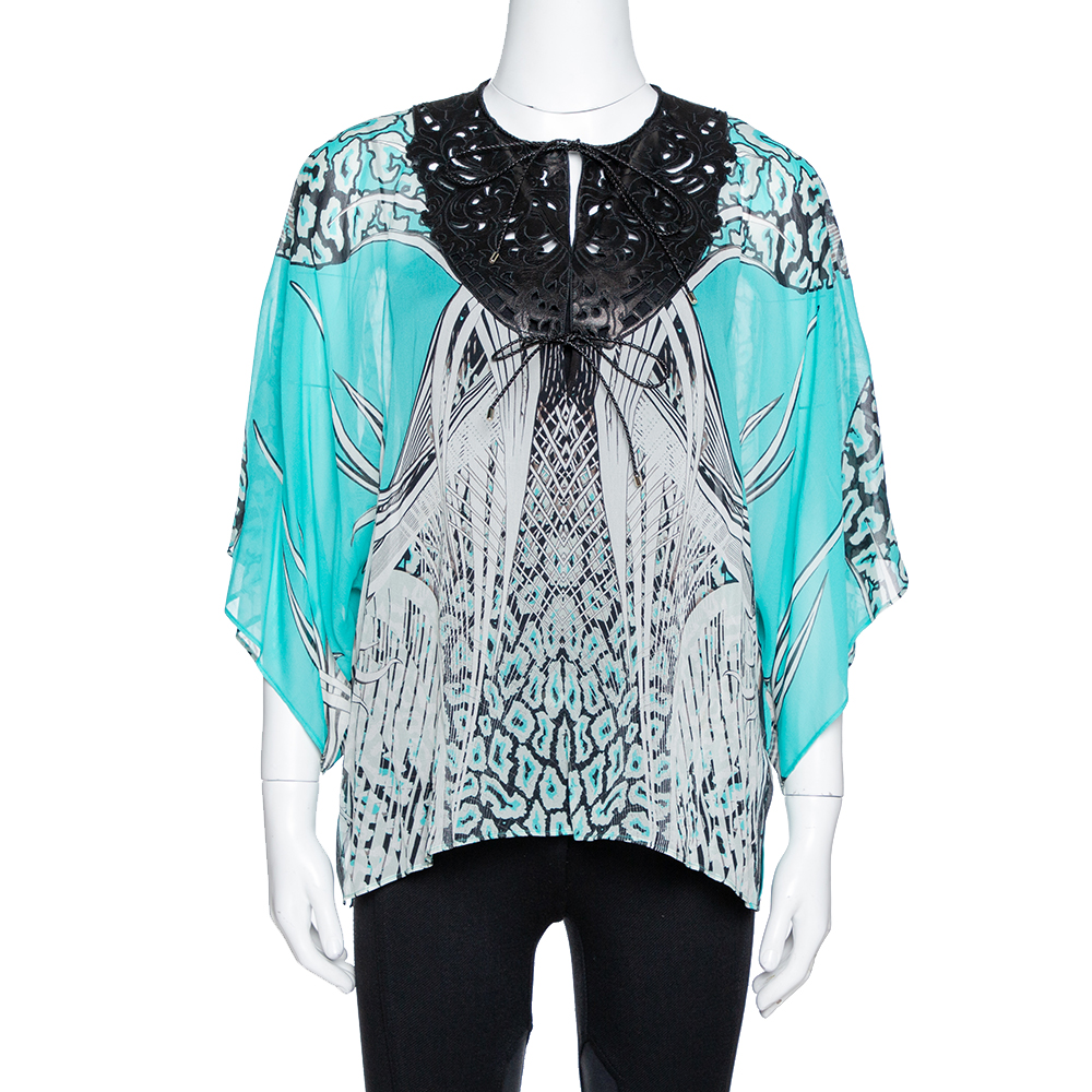 Roberto Cavalli Turquoise Blue Printed Silk Leather Trim Kaftan Top M Roberto Cavalli Turquoise Blue Printed Silk Leather Trim Kaftan Top M