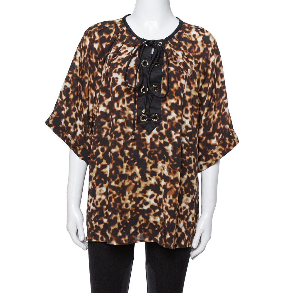Roberto Cavalli Brown Printed Silk Crepe Tie Front Blouse L Roberto Cavalli Brown Printed Silk Crepe Tie Front Blouse L