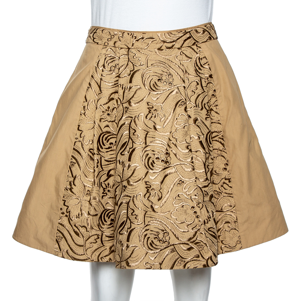 Roberto Cavalli Beige Embroidered Cotton Pleated Mini Skirt S Roberto Cavalli Beige Embroidered Cotton Pleated Mini Skirt S