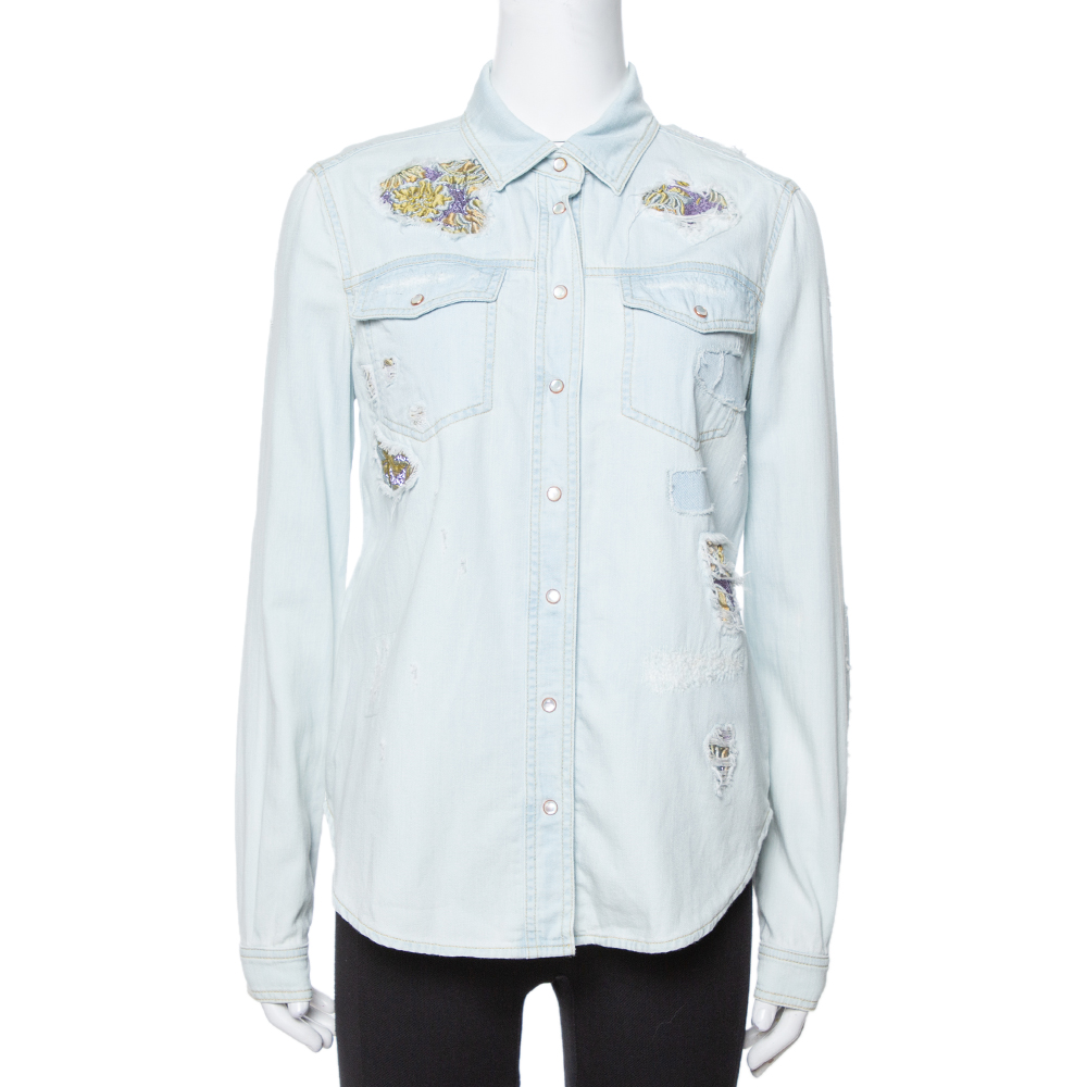 Roberto Cavalli Light Blue Distressed Denim Patch Detail Shirt S Roberto Cavalli Light Blue Distressed Denim Patch Detail Shirt S