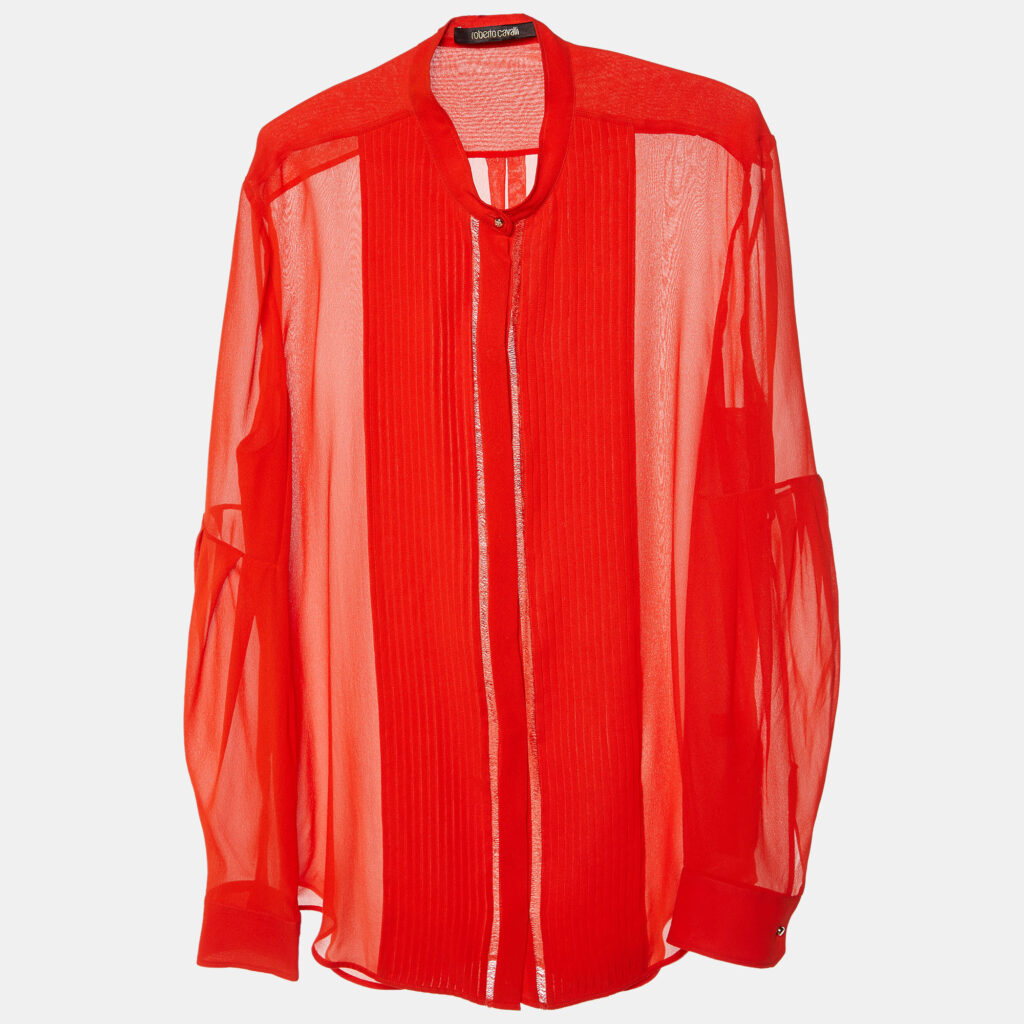 Roberto Cavalli Coral Red Silk Pintuck Detail Button Front Shirt L
