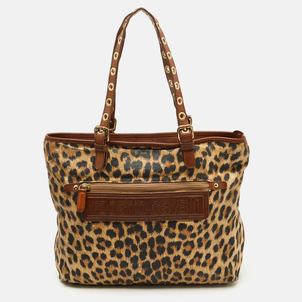 Roberto Cavalli Brown Leopard Print Straw and Leather Front Zip Tote Roberto Cavalli Brown Leopard Print Straw and Leather Front Zip Tote