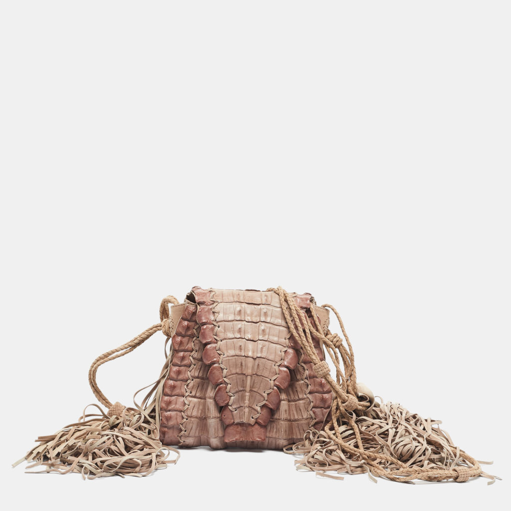 Roberto Cavalli Light Pink Suede and Crocodile Fringe Crossbody Bag