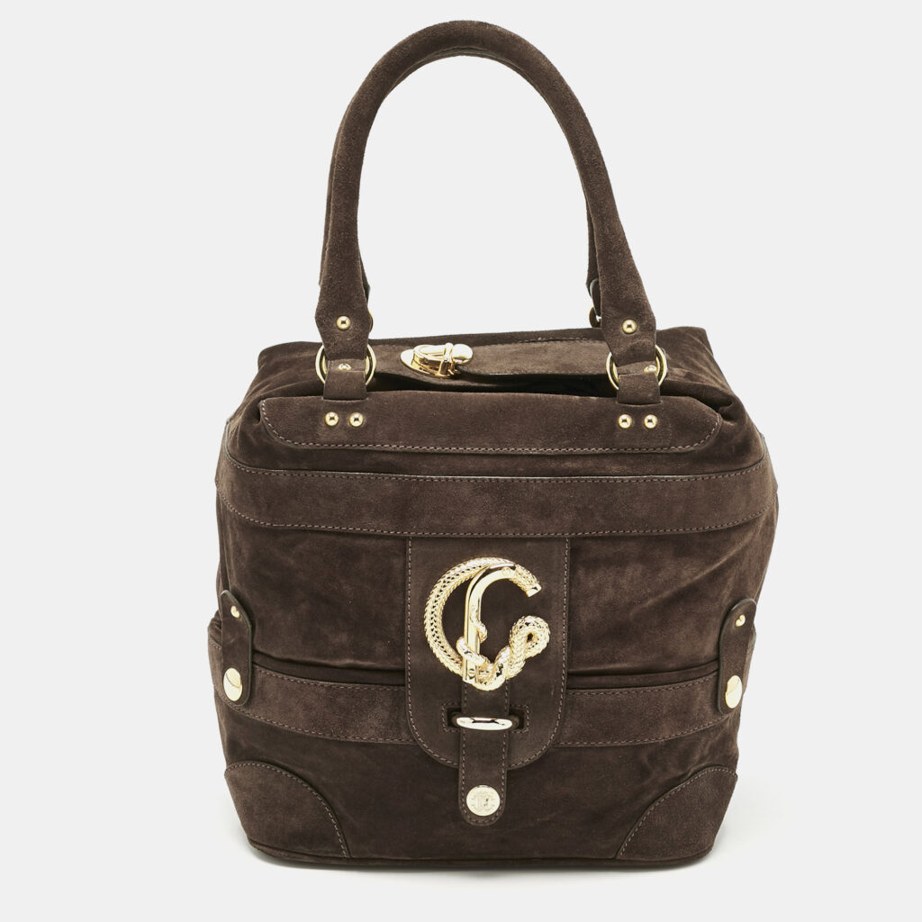 Roberto Cavalli Brown Suede Snake Logo Tote