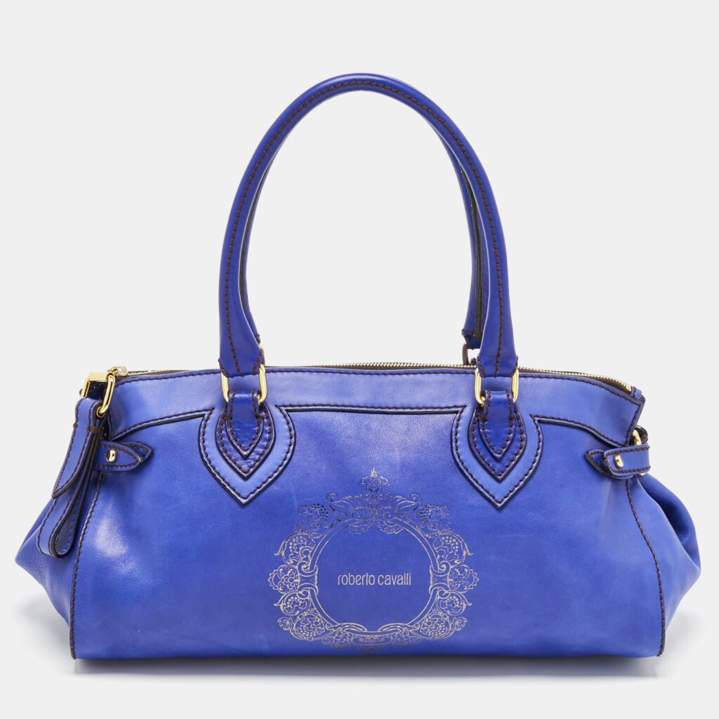 Roberto Cavalli Royal Blue Leather Logo Zip Satchel Roberto Cavalli Royal Blue Leather Logo Zip Satchel