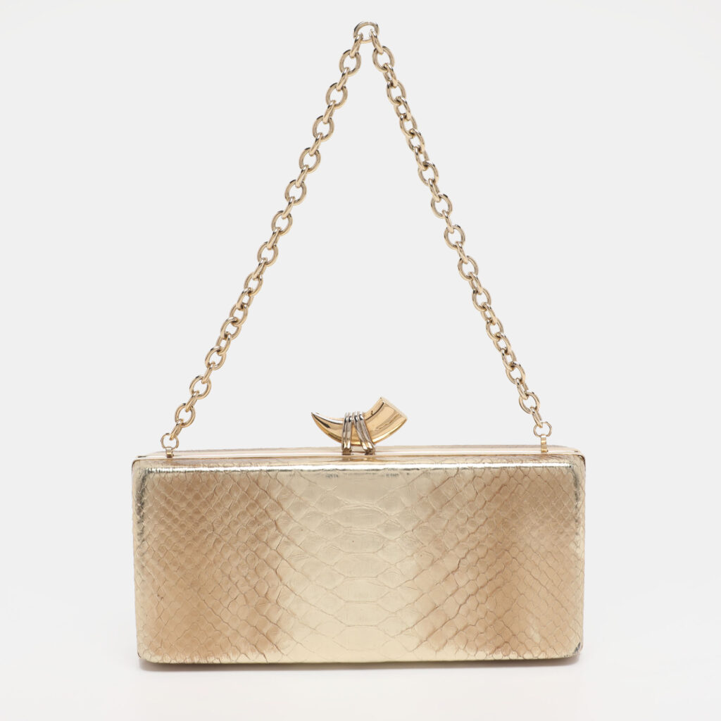 luxury-women-roberto-cavalli-used-handbags-p1225082-013-1.jpg Roberto Cavalli Gold Python Embossed Leather Box Chain Clutch