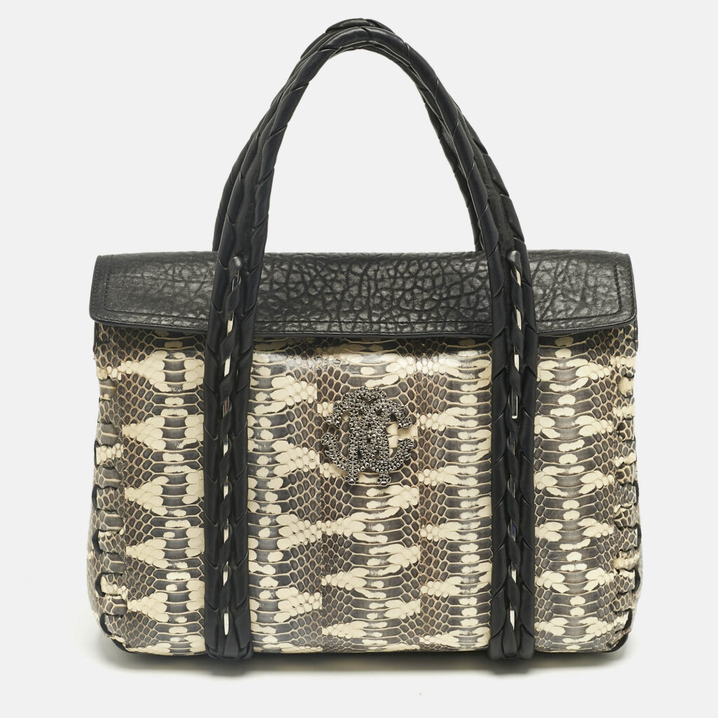 Roberto Cavalli Black/Cream Watersnake and Leather RC Flap Tote Roberto Cavalli Black/Cream Watersnake and Leather RC Flap Tote