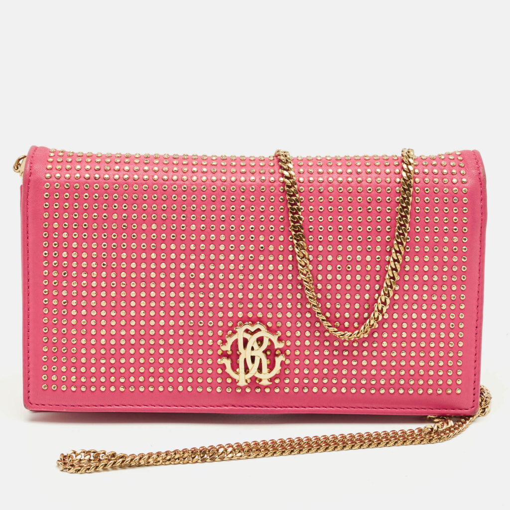 Roberto Cavalli Pink Leather Studded Wallet on Chain Roberto Cavalli Pink Leather Studded Wallet on Chain
