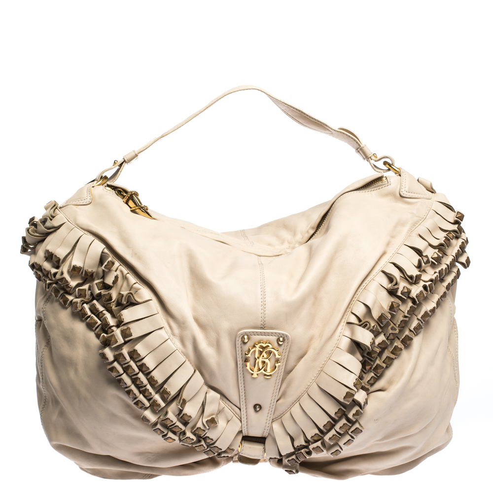 Roberto Cavalli Cream Leather Studded Fringe Hobo Roberto Cavalli Cream Leather Studded Fringe Hobo
