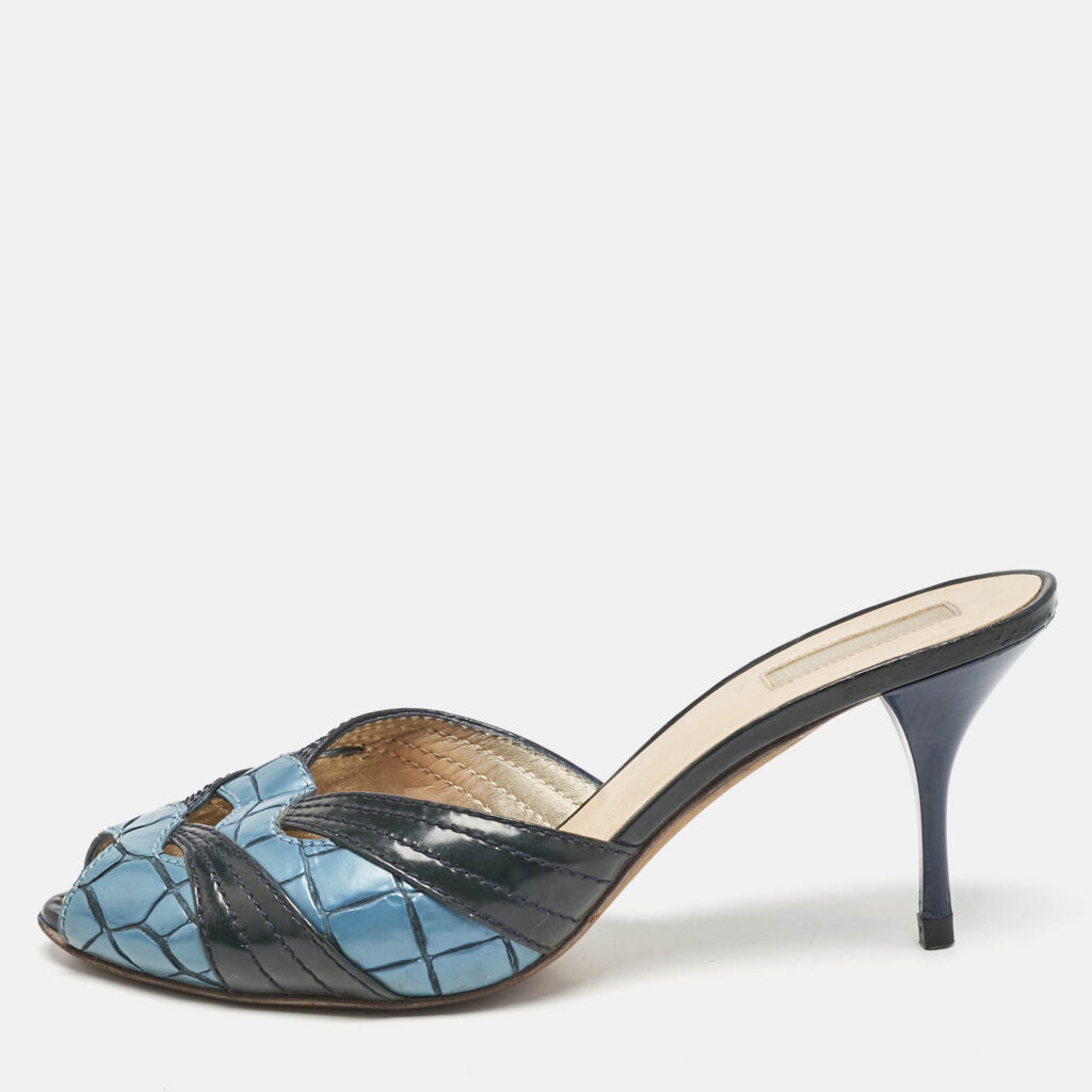 Roberto Cavalli Blue/Black Croc Embossed and Vintage Leather Slide Sandals Size 38