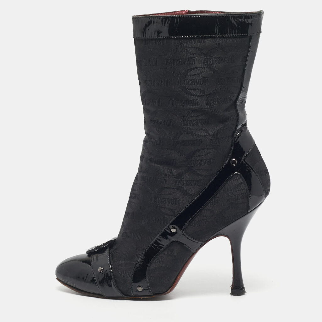 Roberto Cavalli Black Monogram Nylon and Patent Leather Buckle Ankle Length Boots Size 37 Roberto Cavalli Black Monogram Nylon and Patent Leather Buckle Ankle Length Boots Size 37