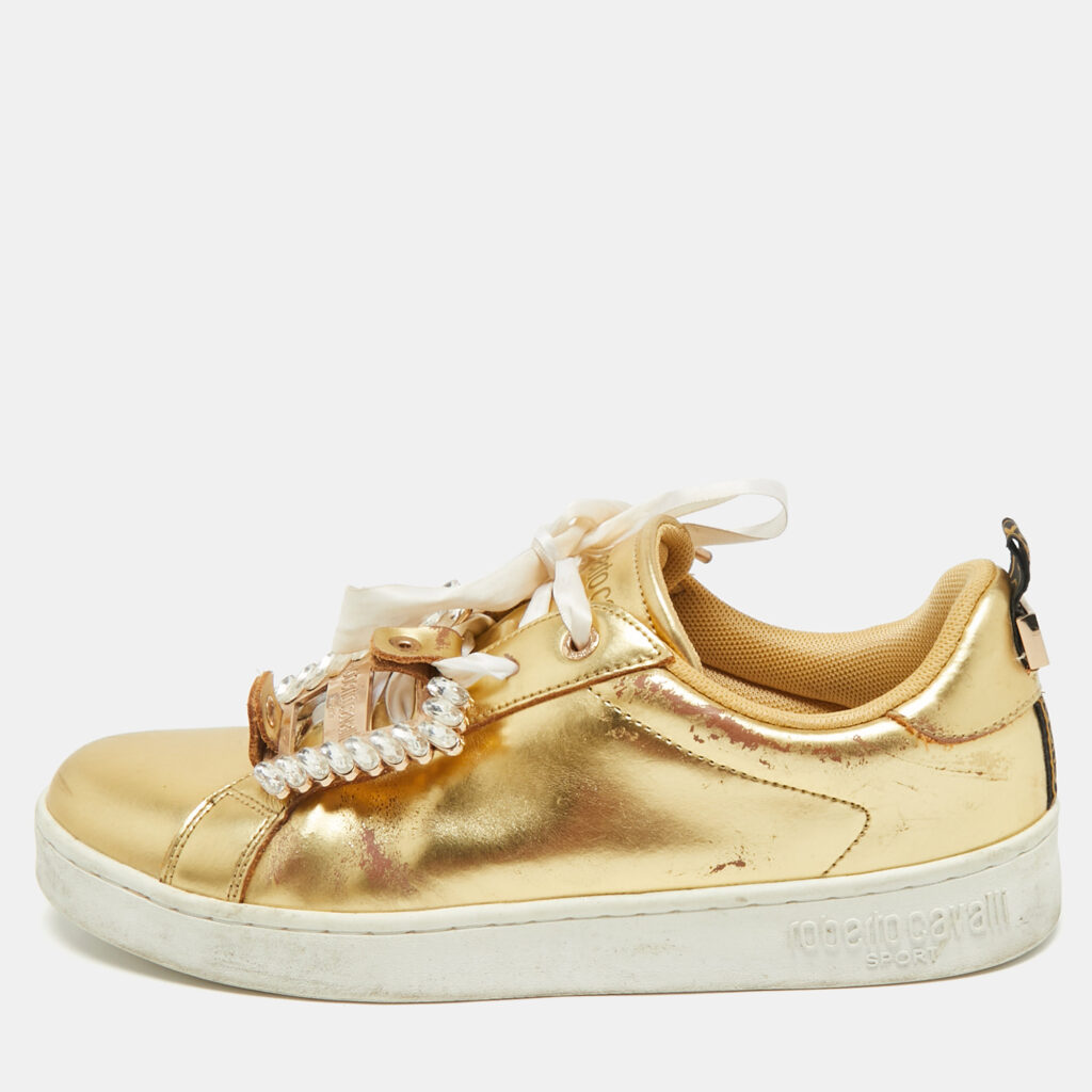 Roberto Cavalli Gold Leather Crystal Embellished Low Top Sneakers Size 39 Roberto Cavalli Gold Leather Crystal Embellished Low Top Sneakers Size 39
