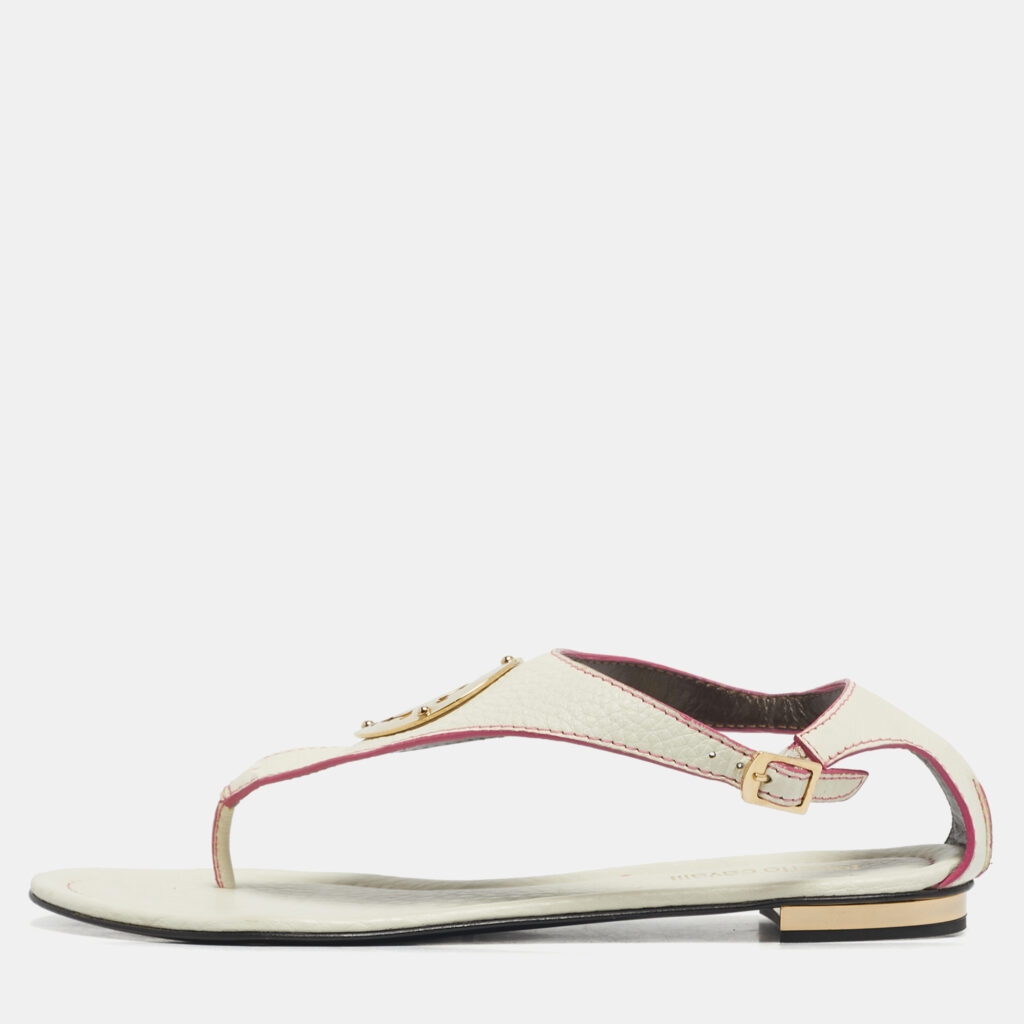 Roberto Cavalli White/Pink Leather Gold Logo Thong Flat Sandals Size 39 Roberto Cavalli White/Pink Leather Gold Logo Thong Flat Sandals Size 39