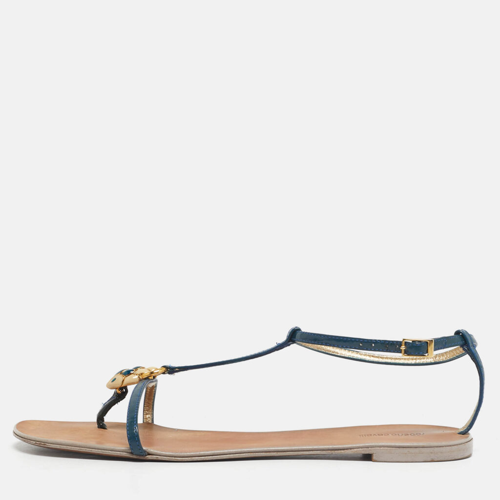 Roberto Cavalli Blue Patent Leather Embellished Thong Flat Sandals Size 39