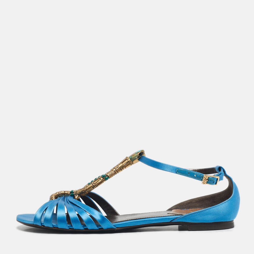 Roberto Cavalli Blue Satin snake Logo T-Strap Flat Sandals Size 39 Roberto Cavalli Blue Satin snake Logo T-Strap Flat Sandals Size 39