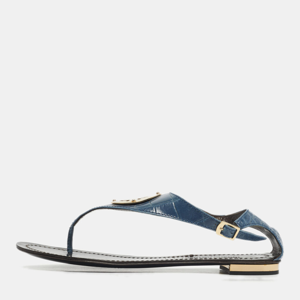 Roberto Cavalli Blue Croc Embossed Leather Thong Ankle Strap Flat Sandals Size 39