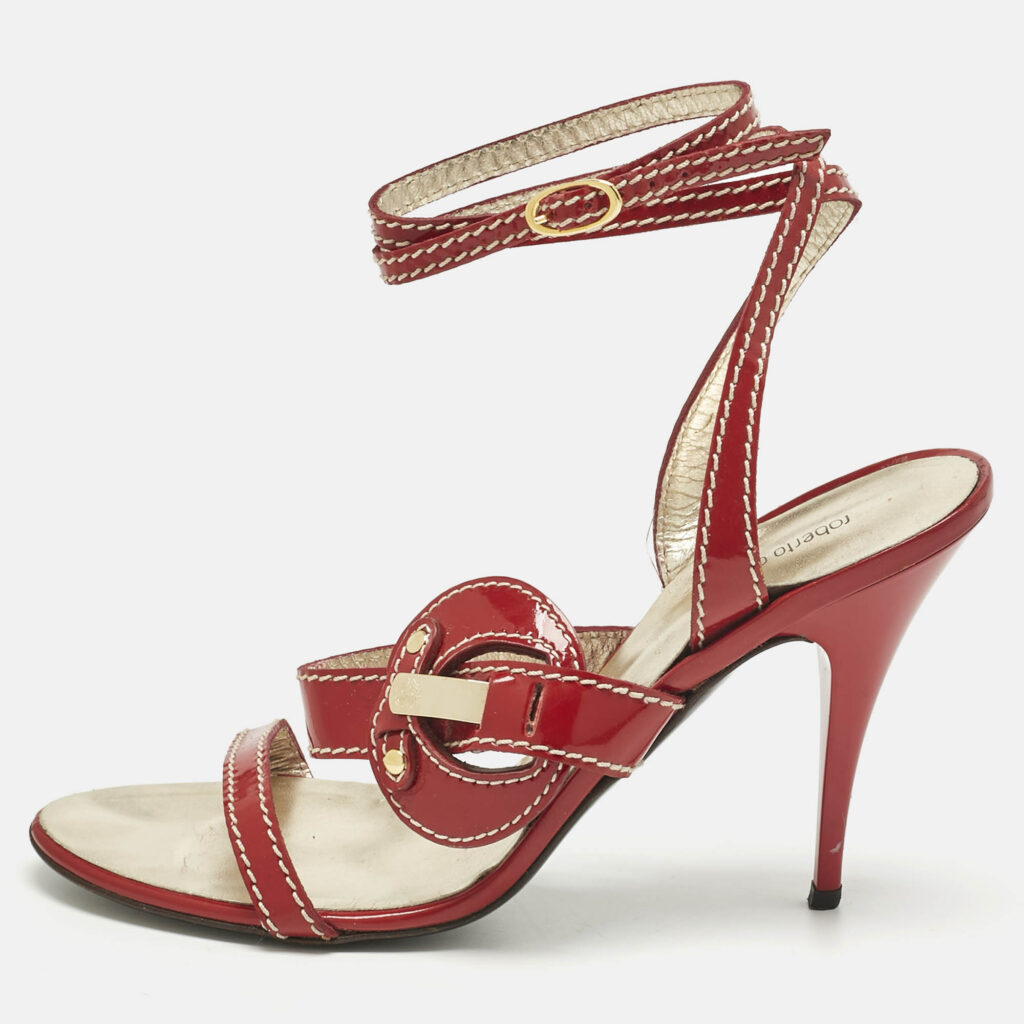 Roberto Cavalli Red Patent Leather Ankle Wrap Sandals Size 38 Roberto Cavalli Red Patent Leather Ankle Wrap Sandals Size 38