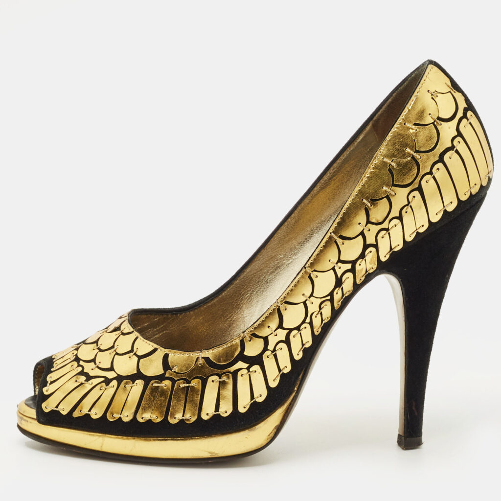 Roberto Cavalli Black/Gold Suede Scale Embellish Peep Toe Pumps Size 36.5