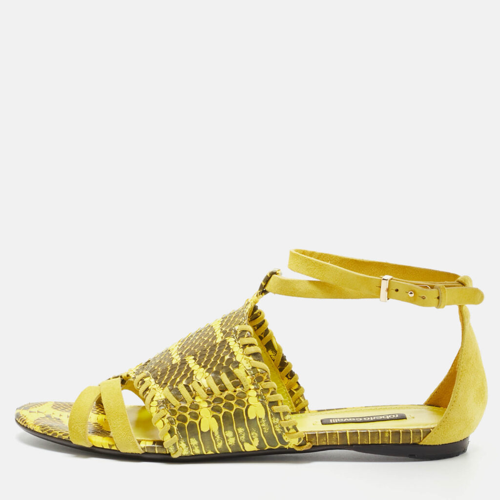 luxury-women-roberto-cavalli-used-shoes-p1220323-010-1.jpg Roberto Cavalli Yellow/Black Watersnake Leather Ankle Strap Flat Sandals Size 38